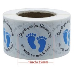 500 pcs Sticker Roll Baby Shower Boy Blue Footprint Semi Gloss Self Adhesive NEW