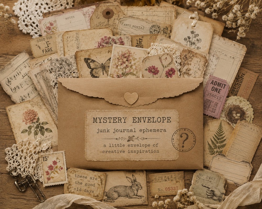 Mystery Junk Journal Ephemera Envelope Vintage Scraps, Tags, Tickets, Lace More