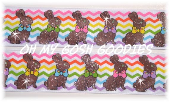 1.5 CHEVRON GLITTER CADBURY BRIGHT MULTI BUNNY EASTER GROSGRAIN RIBBON 4 BOW