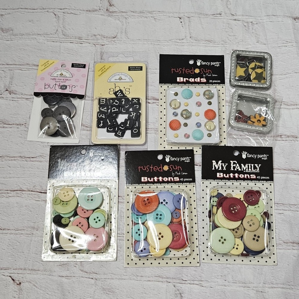 Scrapbook/crafting Brads/Buttons/Slides Lot of 8 metal/plastic All new Package