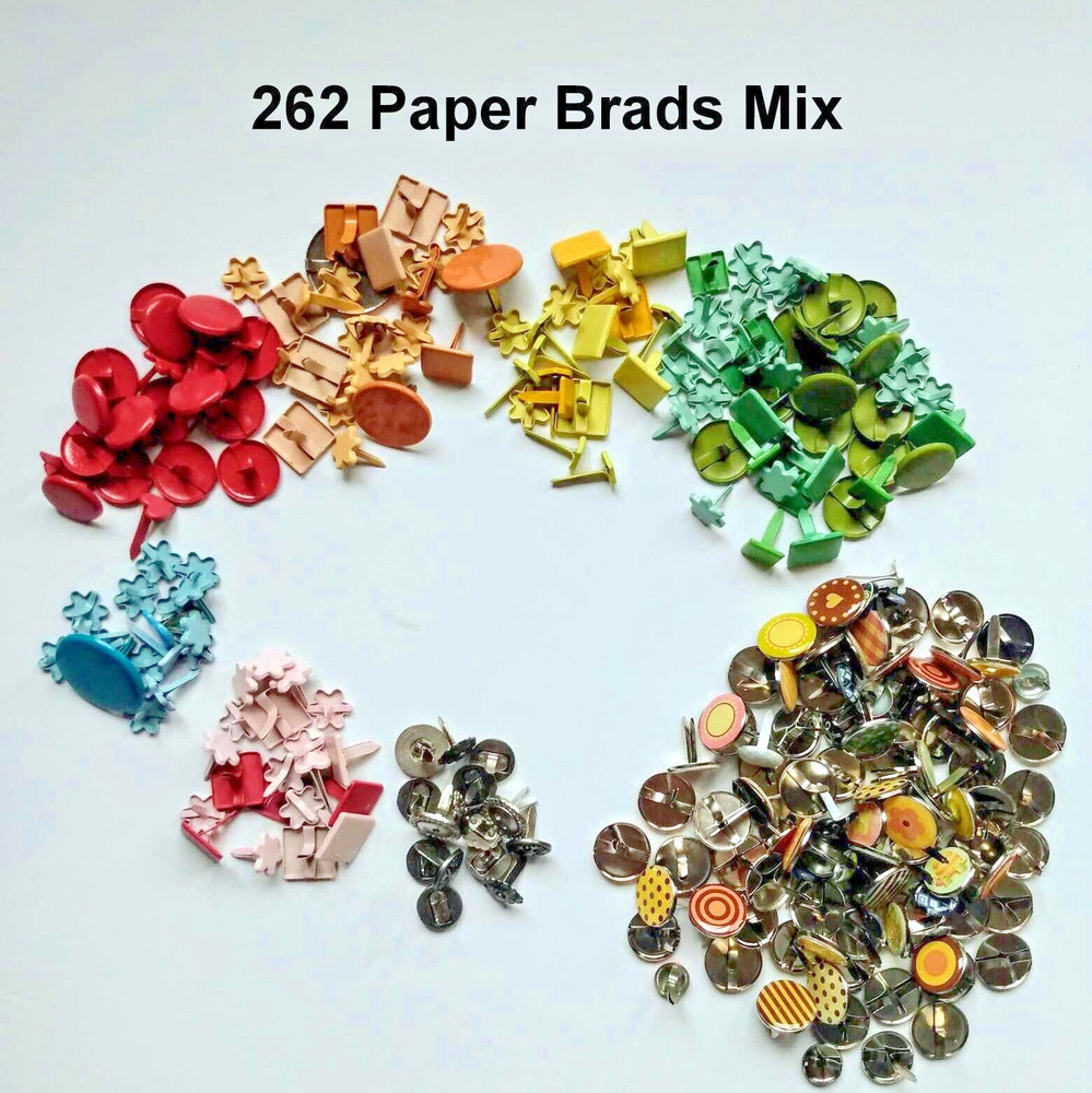 Lot Of 262 Paper Brads Mix Colors/Sizes/Shapes 4 Scrapbooking Cards DIY Crafts