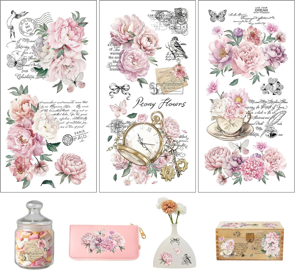 3 Sheets Rub on Transfers for Crafts and Furniture Pink Vintage Floral