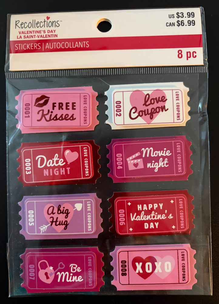 RECOLLECTIONS VALENTINE’S DAY ROMANCE TICKETS DIMENSIONAL STICKERS 8 PC