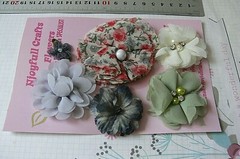 CREAM RED GREY GREEN – Organza – 6 Mixed Flowers 20-70mm Across SF2B
