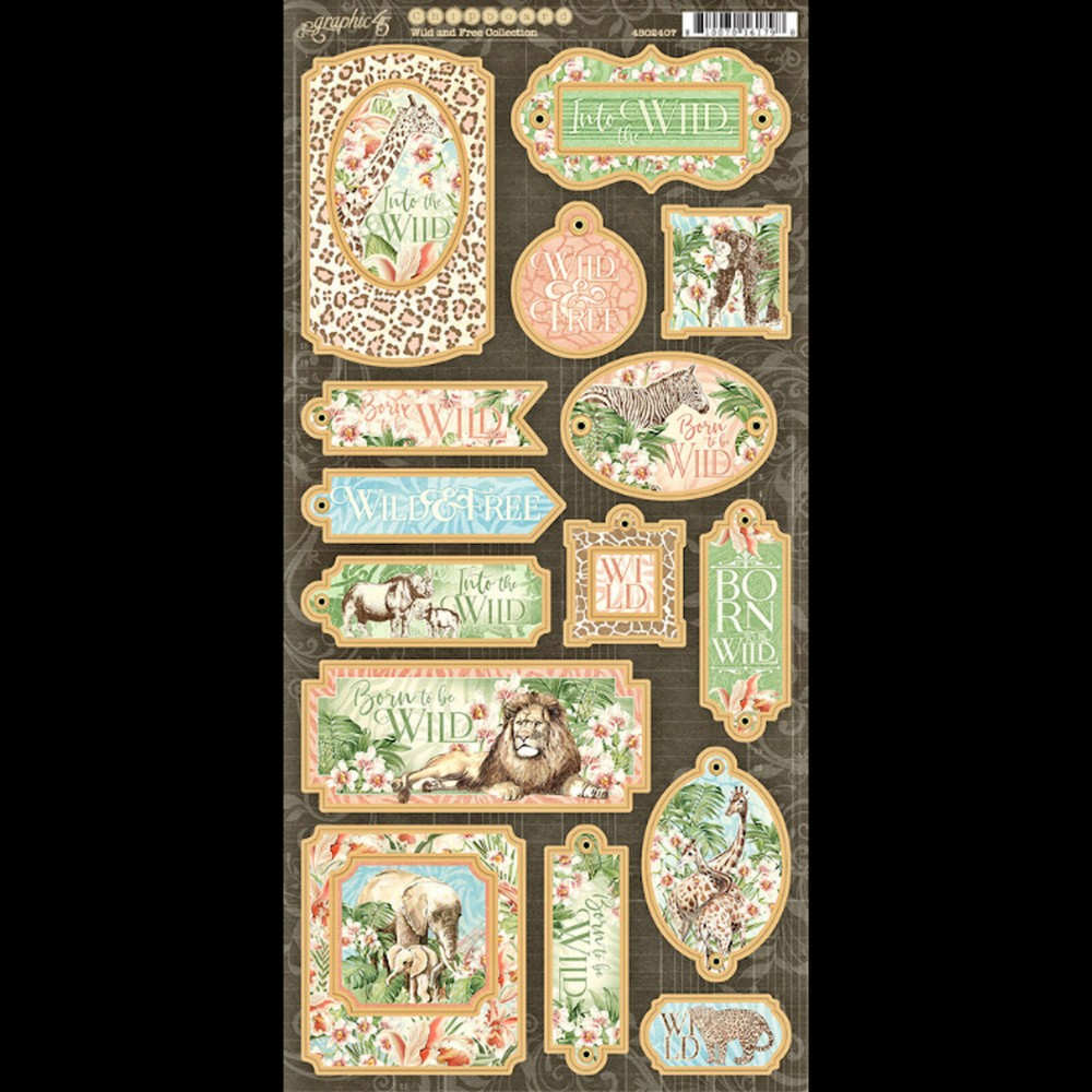 Graphic45 WILD AND FREE (19PCS) Decorative Chipboard scrapbooking SAFARI