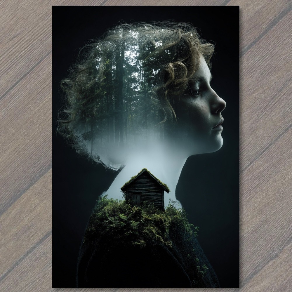 STICKER Haunted Woman Forest Cabin Dark Gothic Double Exposure Portrait