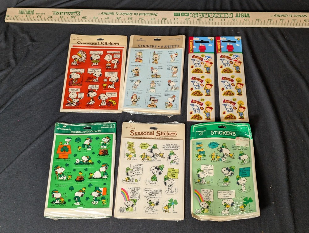 Vintage NOS Peanuts Gang Snoopy Hallmark THANKSGIVING & ST PATRICK’S Stickers