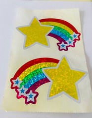 Vintage 1990 Rainbow Star Happy Smiley Face Glitter Foil Stickers, 6 pc.