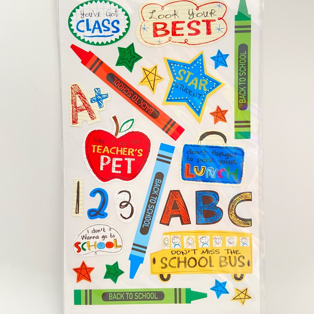 ~NEW~»BACK TO SCHOOL» Bus+Crayons+Stars+Teacher’s Pet+Lunch Scrapbook Stickers