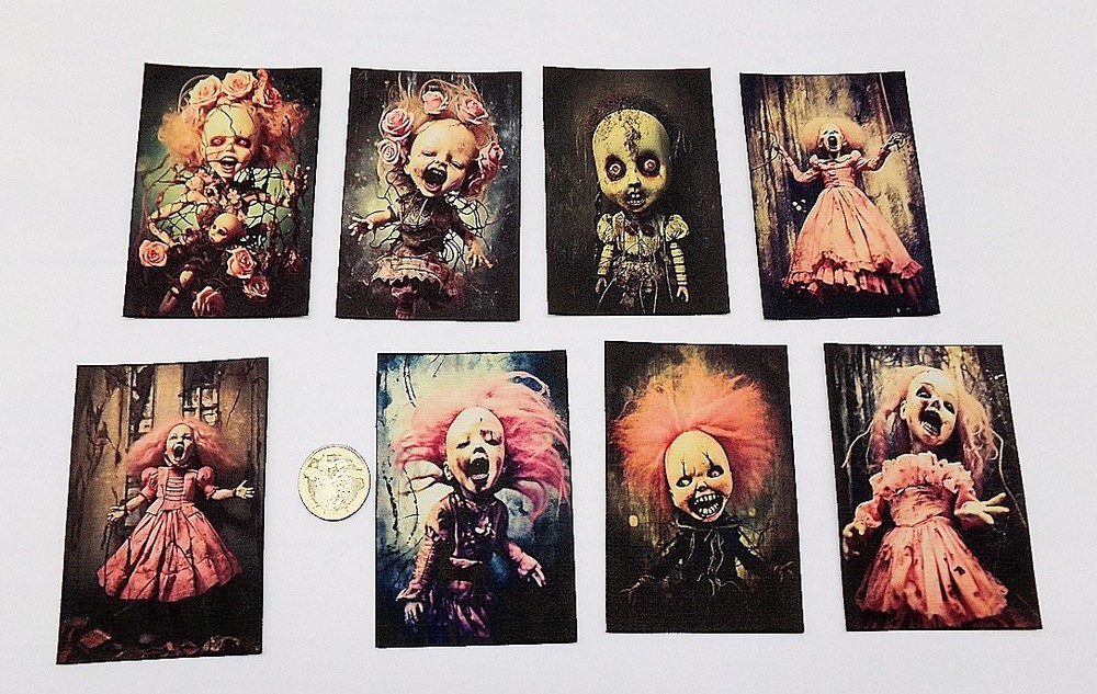 8-Halloween-Dark-Gothic-Creepy Dolls-Pink-ATC-Journaling-Linen Cardstock-Cards
