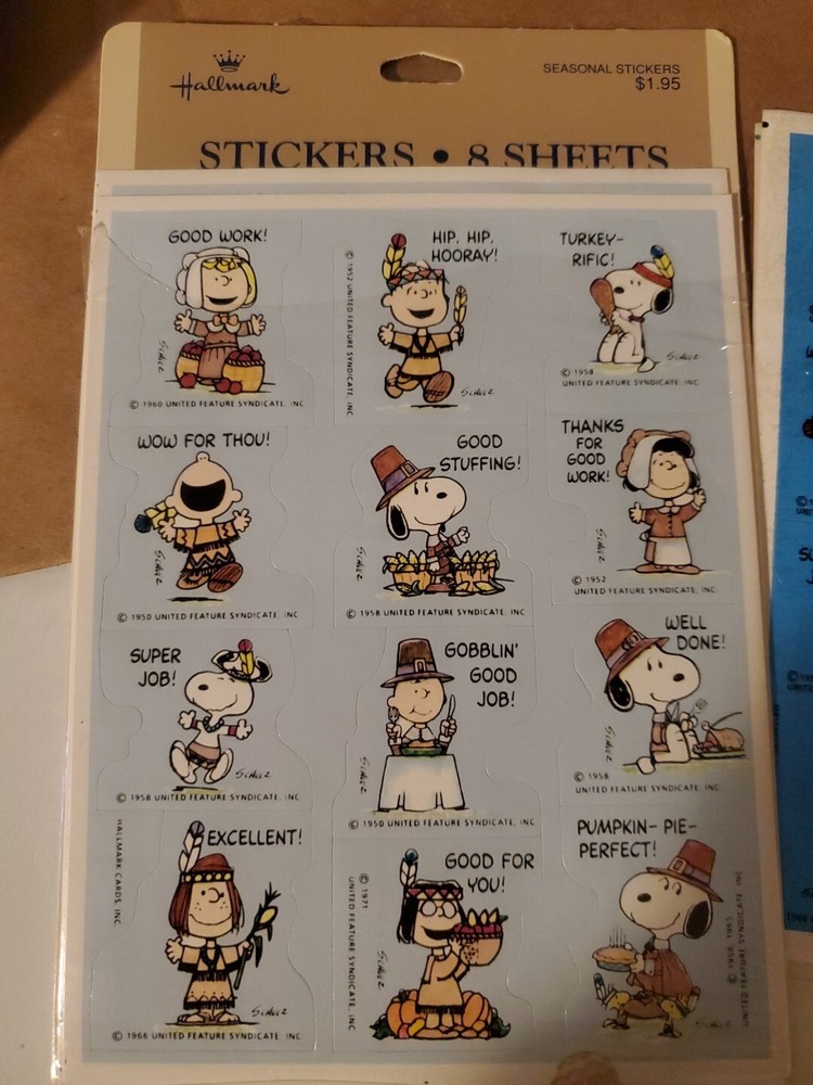VINTAGE HALLMARK THANKSGIVING STICKERS Sheet PEANUTS GANG SNOOPY Woodstock