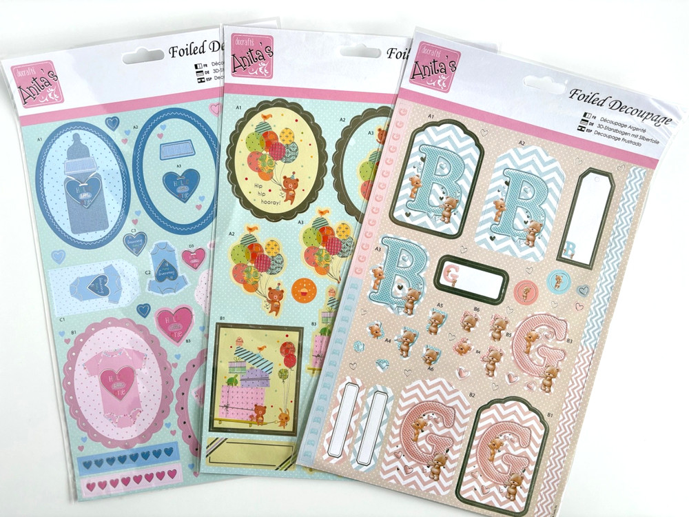 Anita’s Foiled Decoupage Baby Boy Girl Teddy Bear Hello Cardmaking 3pc Bundle
