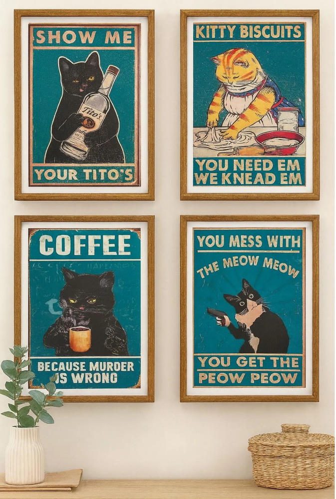 Vintage Black Cat Humor Wall Art Set of 4 Funny Cat Prints Removable Vinyl Art