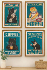 Vintage Black Cat Humor Wall Art Set of 4 Funny Cat Prints Cardstock Wall Decor