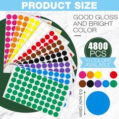 4800 Pieces 1/2 Inch Round Color Circle Dot Sticker Labels 10 Assorted Colors