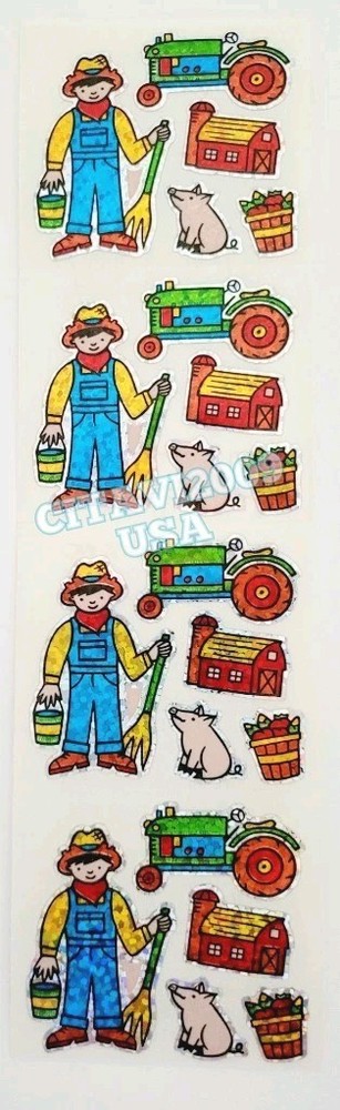 HAMBLY STUDIOS VINTAGE PRISMATIC GLITTER STICKERS PEOPLE, FARMER, TRACTOR, PIG.