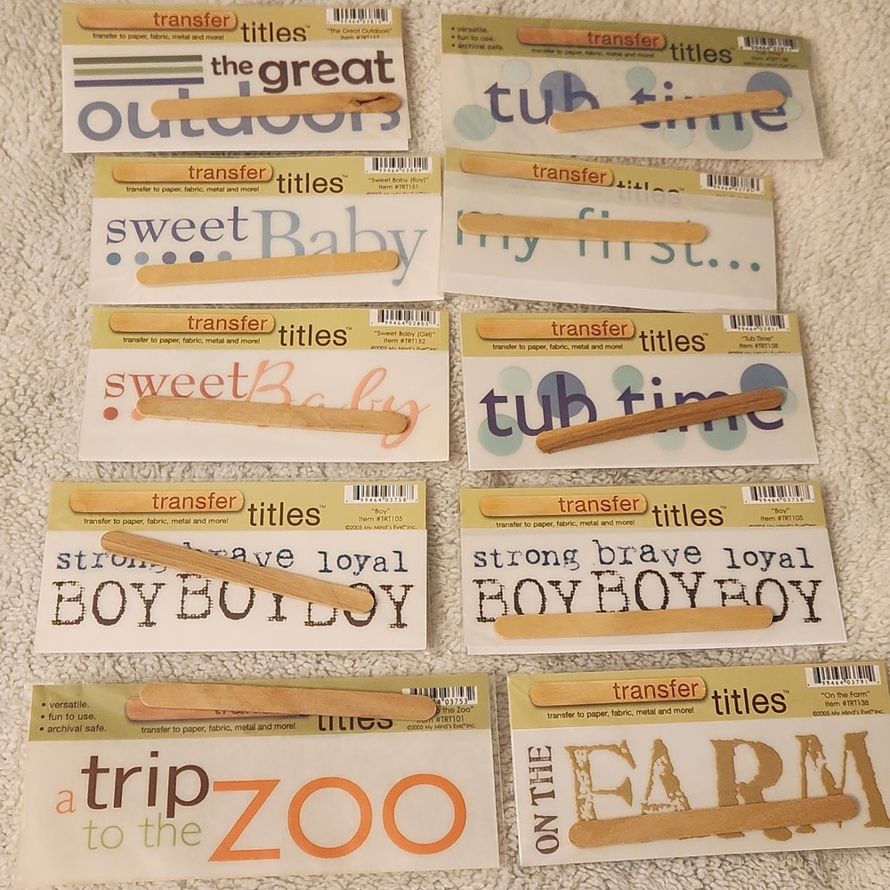 NEW Lot 10 MME Transfer Titles BABY ZOO FARM TUB TIME BOY FIRSTS Rub-ons -H