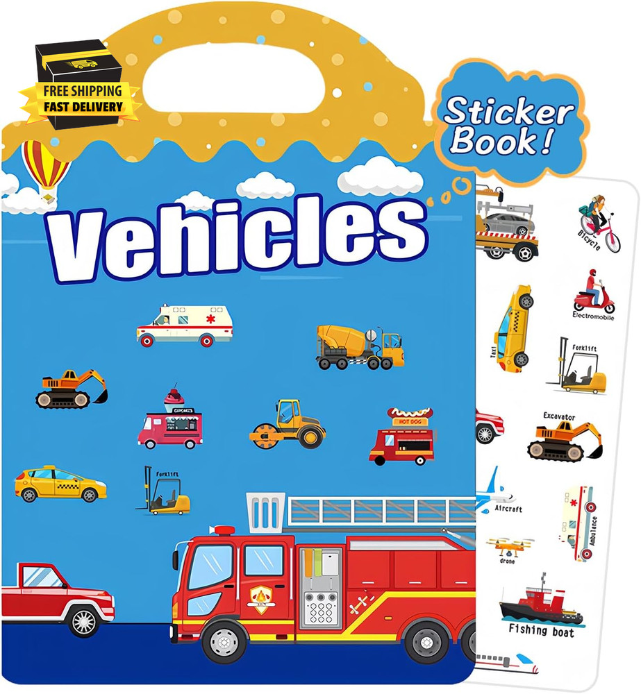 Reusable Sticker Book for Kids, Vehicles Style | Travel Stickers, Waterproof, To