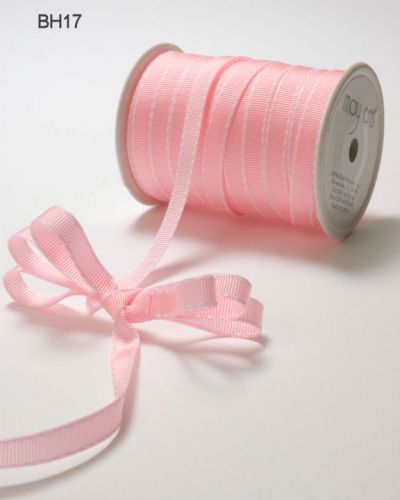 MAY ARTS RIBBONS~GROSGRAIN WITH STITCHED EDGE~PINK & WHITE~3/8 INCH X 3 YARDS!