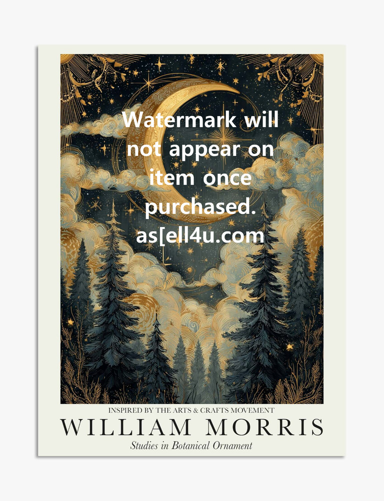 USA Veteran Made William Morris Moonlit Woods Crescent Moon Forest Night Print