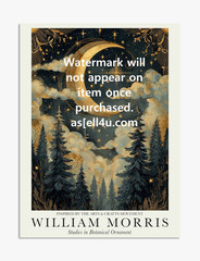 USA Veteran Made William Morris Moonlit Woods Crescent Moon Forest Night Print