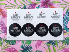 40x Round 4.5cm Happy Birthday Black N White Kraft Stickers Gift Favour Box