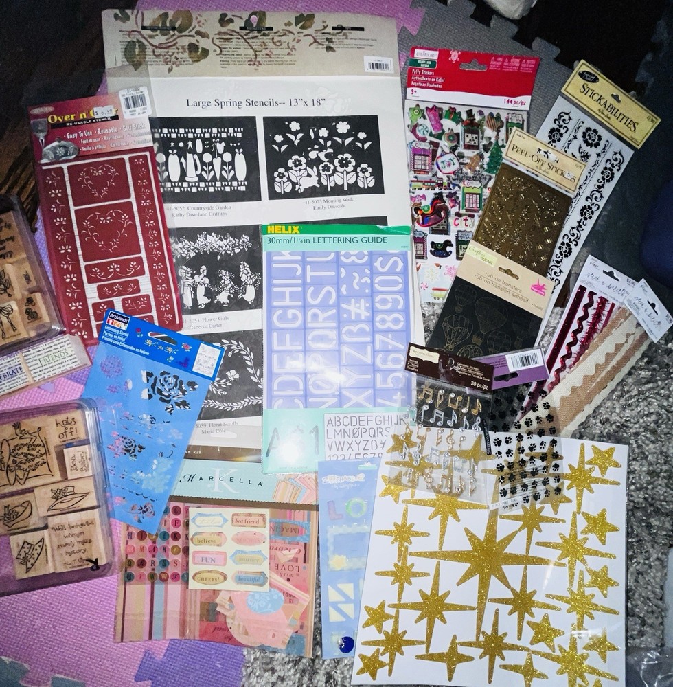 Craft Lot. Scrapbk New Stencils Stickers Stamps. Colorful Paper Sheets/square.