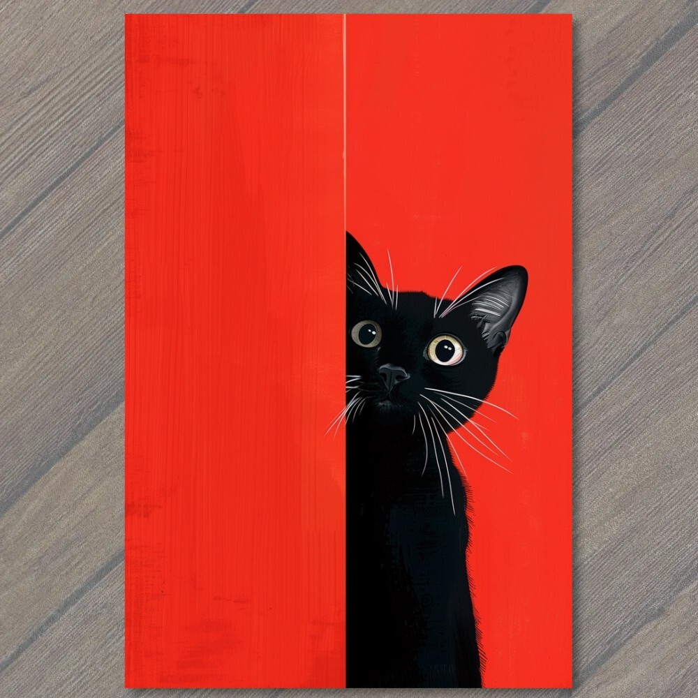 STICKER Black Cat Yellow Eyes Pet Red Background Painting Cute Fun Feline