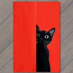 STICKER Black Cat Yellow Eyes Pet Red Background Painting Cute Fun Feline