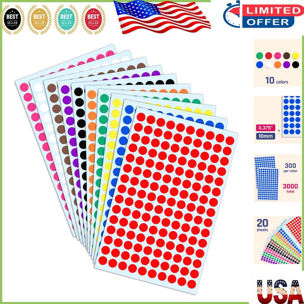 10 Assorted Colors 3000 Pack Round Stickers – Durable Self-Adhesive Labels