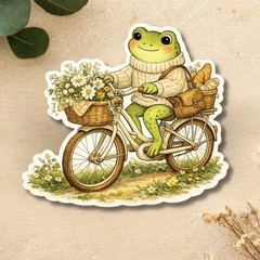 Cozy Cottagecore Frog Sticker, Frog riding a bike die cut sticker
