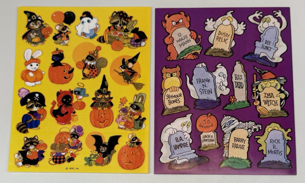 Vtg Halloween Stickers Cats Critters Witch Bats Ghosts Humorous Gravestones 2 pg