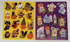 Vtg Halloween Stickers Cats Critters Witch Bats Ghosts Humorous Gravestones 2 pg