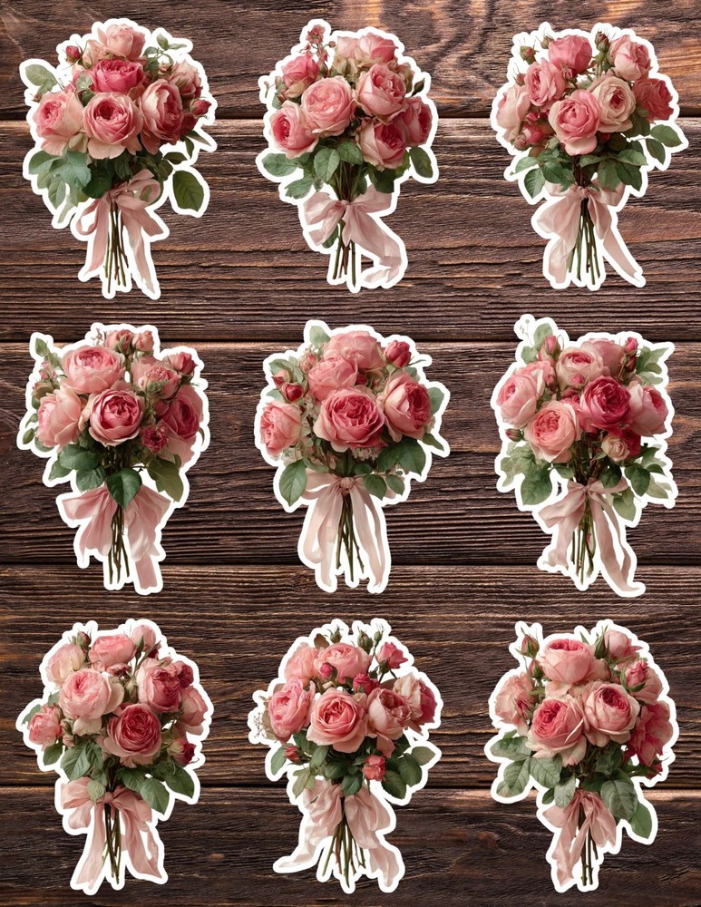 Pink Rose Bouquet Vinyl Die Cut Stickers Set Scrapbooking Laptop Water Bottle