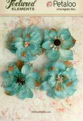 Burlap Flowers 4 x TEAL Approx 55-60mm across & varied centres Petaloo BUR K