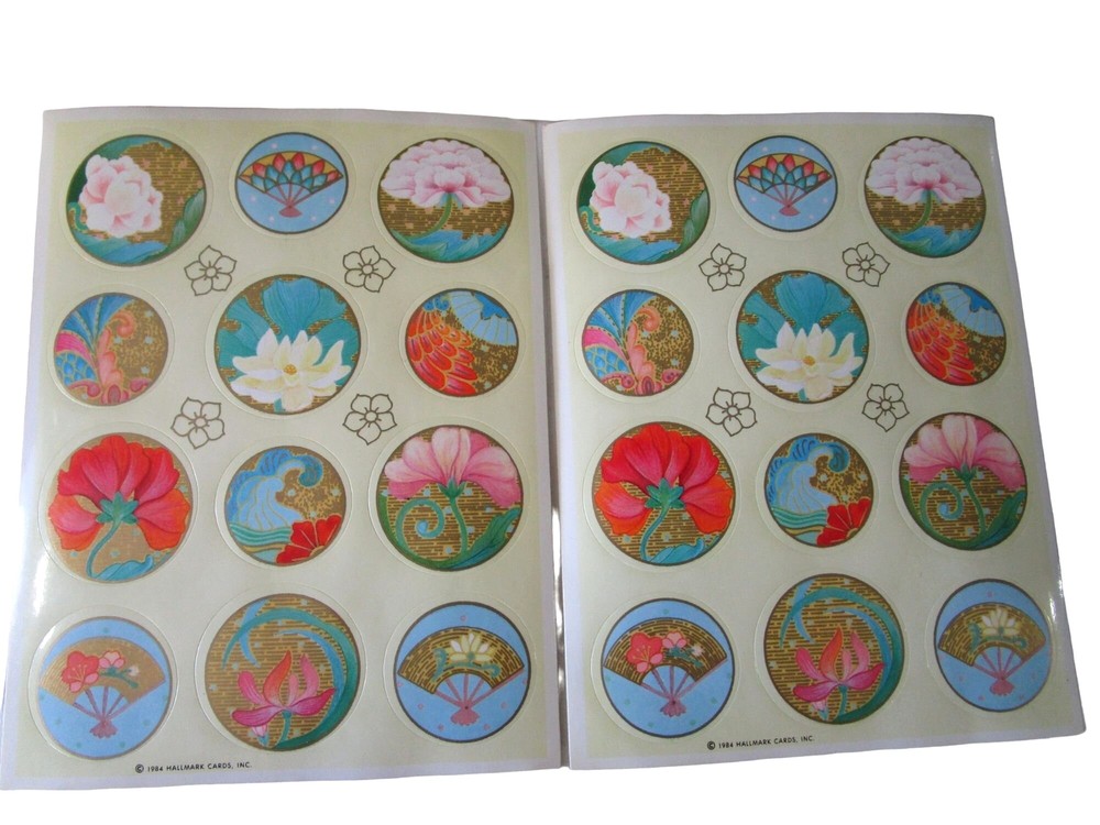Floral Fans Asian Inspired Round Sticker Seals Vintage Hallmark Two Sheets GUC
