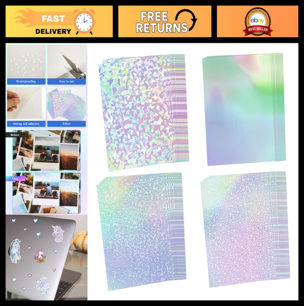 100PCS Holographic Laminate Sheets A4 Self-Adhesive Waterproof Sticker Paper – G