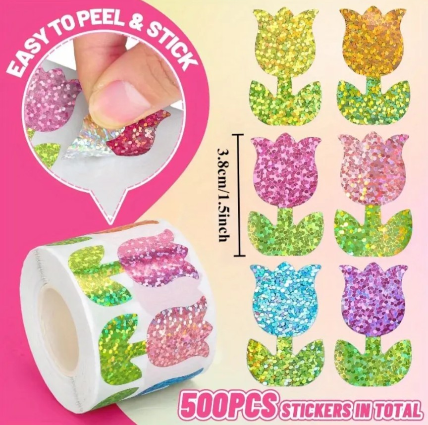 500 pcs Sticker Seals Roll Glitter Foil Floral Tulips Design Self Adhesive NEW