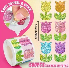 500 pcs Sticker Seals Roll Glitter Foil Floral Tulips Design Self Adhesive NEW