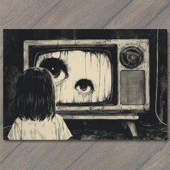 STICKER Girl Staring TV Set Haunted Eyes Look Child Black Horror Creepy Weird