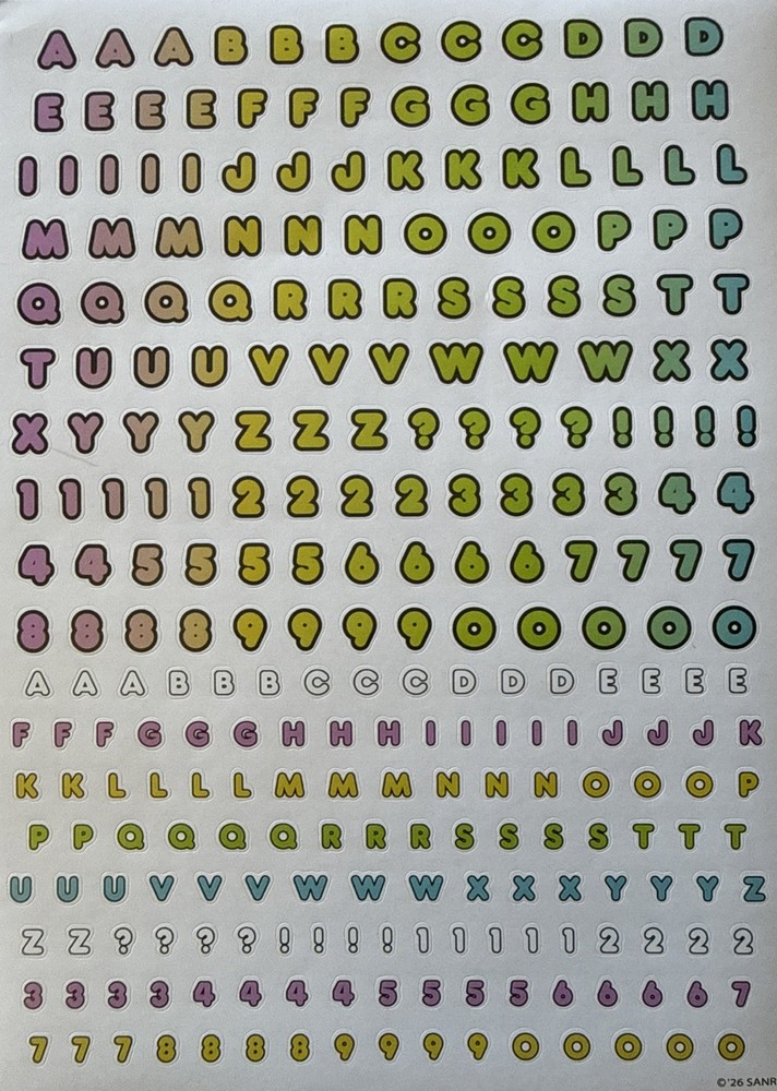 RAINBOW ALPHABET Stickers (5-3/4”x 8”)Sanrio•Letters •Numbers•Words•Card Making•