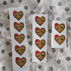 Heart & Rose Scrapbooking Stickers, Brown Red Green Heart Roses