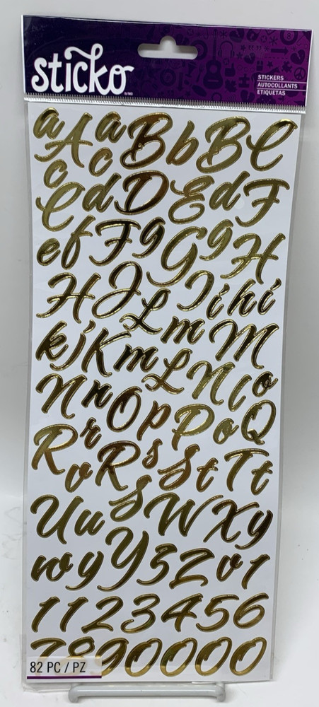 NOS Sticko Alphanumeric Stickers Brush Stroke Gold Script Metallic 82 Pieces