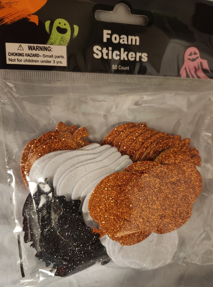 Halloween Glitter Foam Stickers 50 count Ghost, Bat, Jack O Lantern