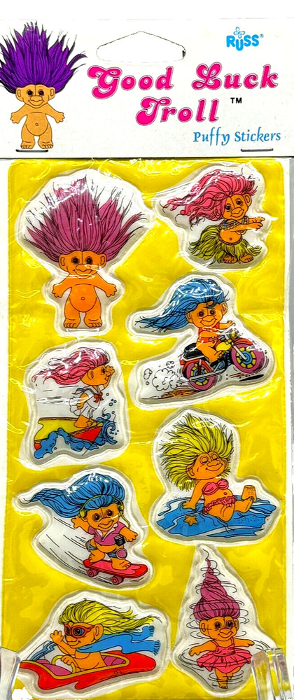 Vintage 1980’s Good Luck Troll Trolls Puffy Stickers Russ Sealed NEW OLD STOCK