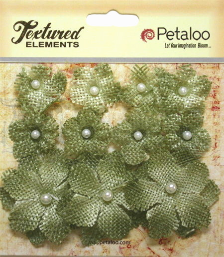 Burlap Flowers ANTIQUE GREEN Approx 8 @ 2cm & 3 @ 4cm across Petaloo 1208 BUR