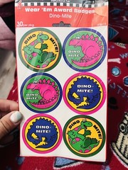 Vintage Dino Mite BADGE Stickers 90s Green yellow Purple Green 30 count round