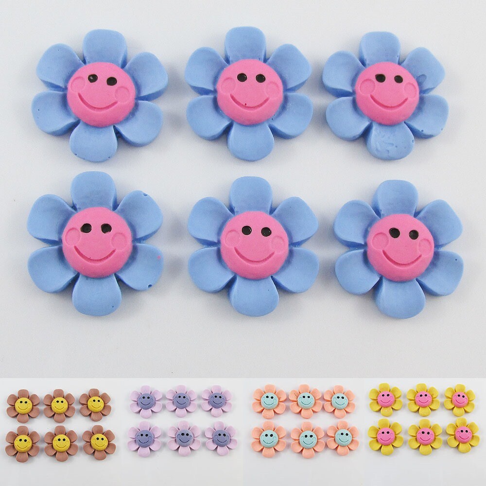 6pcs DIY Resin Happy Daisy Cabochon 26x24mm Flat Back Hair Clips etc Pick Colour