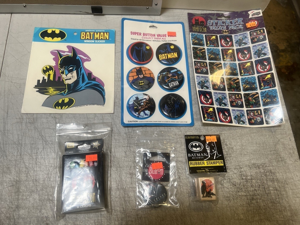 Batman Stamper, Crayons, Stickers, Pins, Slicker (X6) Lot (All New/sealed)
