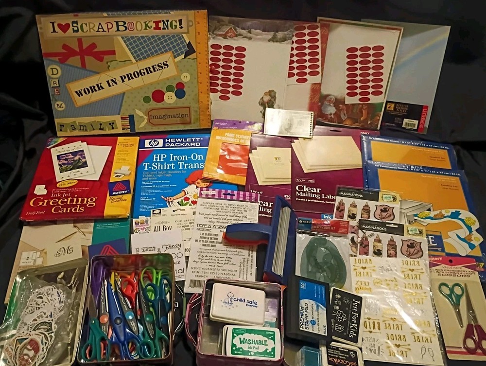 Scrapbook & Card Lot Rub-ons, Stickers, Printer Paper, Scissors, Paper Crimper